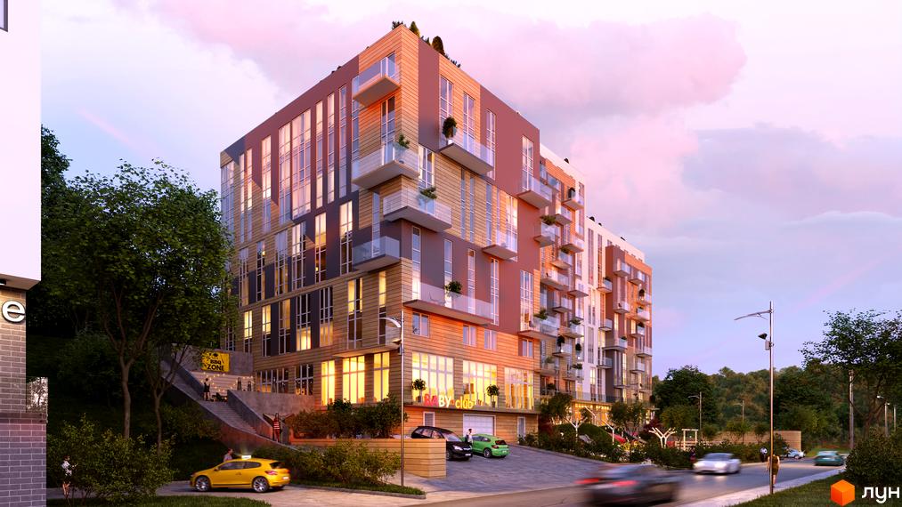 Житловий комплекс OBRIY2 - сучасна новобудова з балконами та скляними фасадами. Прибудинкова територія з деревами та зонами відпочинку.