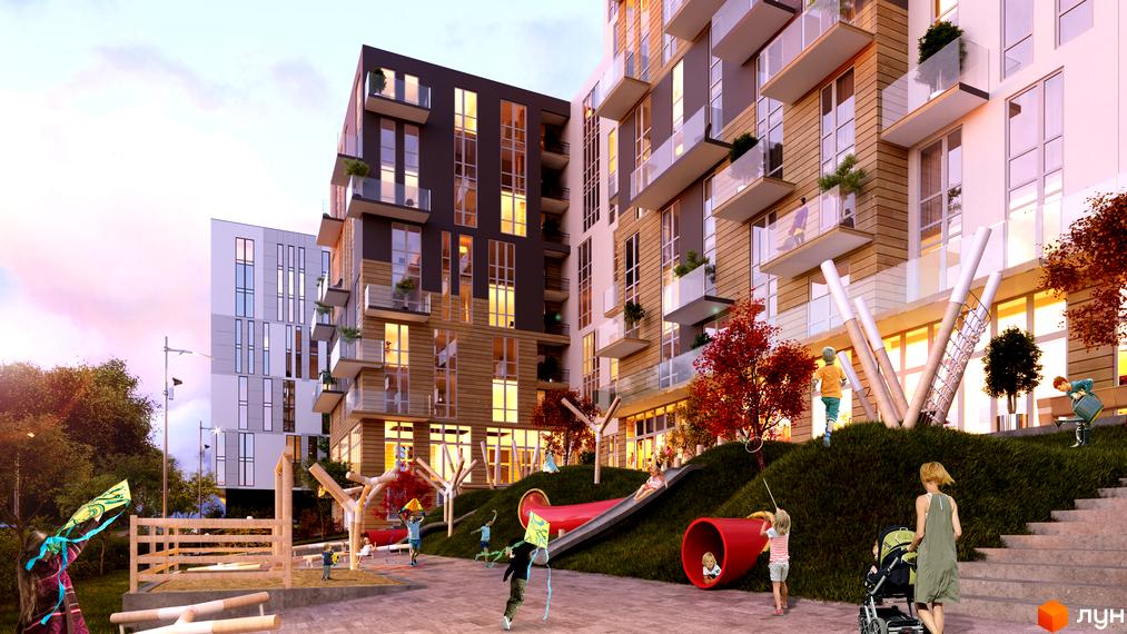 Житловий комплекс OBRIY2 з дитячим майданчиком та гірками. Сучасна архітектура новобудови з балконами та великими вікнами.