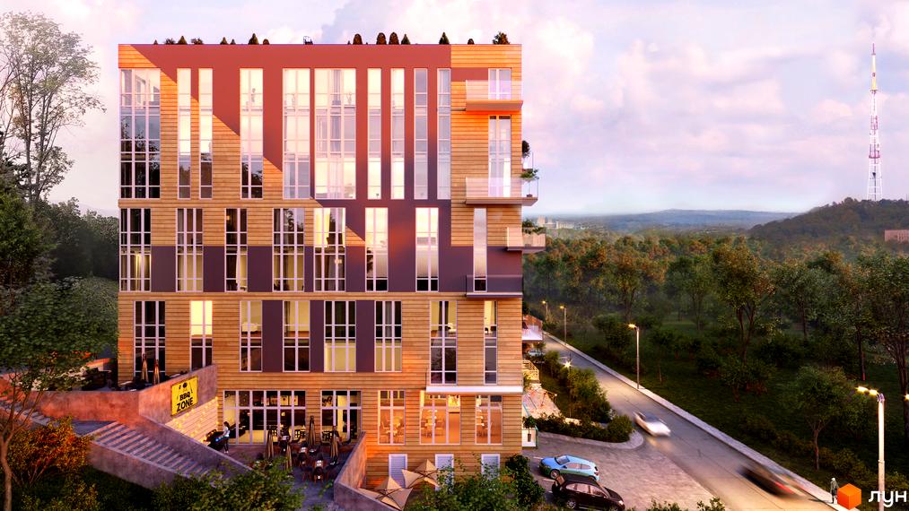 Новобудова ЖК OBRIY2 з дерев'яними та сірими фасадами, великими вікнами та балконами. Навколо зелена зона з дорогою та автомобілями.