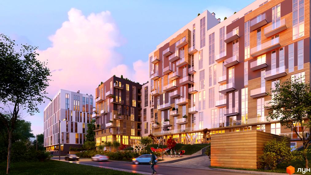 Новобудова ЖК OBRIY2 з фасадами з дерева та скла, балконами та великими вікнами. На прибудинковій території дитячий майданчик та зелені насадження.