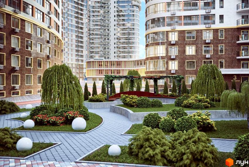 Житловий комплекс Сорок восьма перлина з вигнутими фасадами та прибудинковою територією з ландшафтним дизайном, деревами та декоративними кулями.