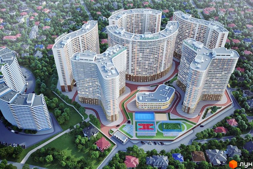 Житловий комплекс Сорок восьма перлина - це багатоповерхові будинки з вигнутими фасадами, розташовані навколо спортивних майданчиків та зеленої зони.
