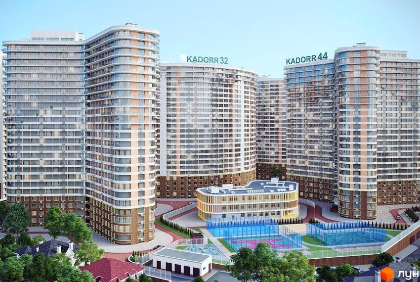 Житловий комплекс Сорок восьма перлина - це сучасна новобудова з вигнутими фасадами та великою кількістю скління, що доповнюється спортивними майданчиками та зеленими зонами на прибудинковій території.