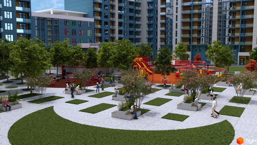 Житловий комплекс Національний з сучасними будинками та упорядкованою прибудинковою територією. На території комплексу розташовані дитячий майданчик, зони відпочинку та зелені насадження.