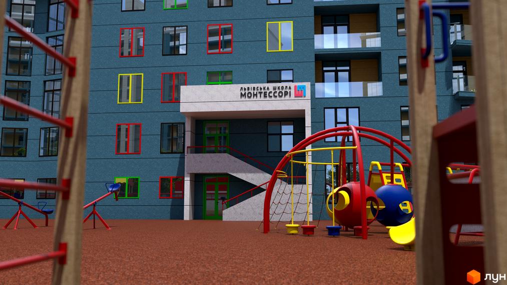 Фасад будівлі з різнокольоровими вікнами та вивіскою 