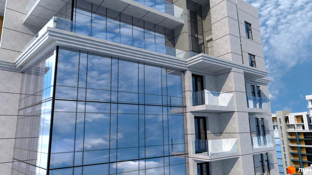 Висотна будівля з скляними фасадами, балконами та світлим оздобленням. ЖК Національний - новобудова з сучасним дизайном та зручним розташуванням.