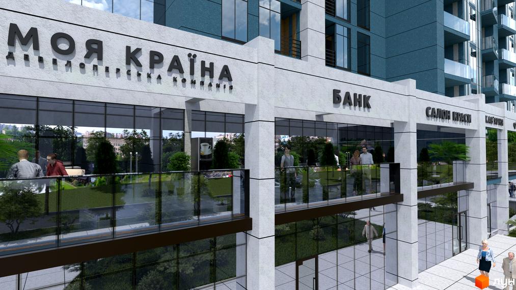 Зовнішній вигляд будівлі ЖК Національний з магазинами та ресторанами на першому поверсі. На другому поверсі розташована тераса з зеленими насадженнями.