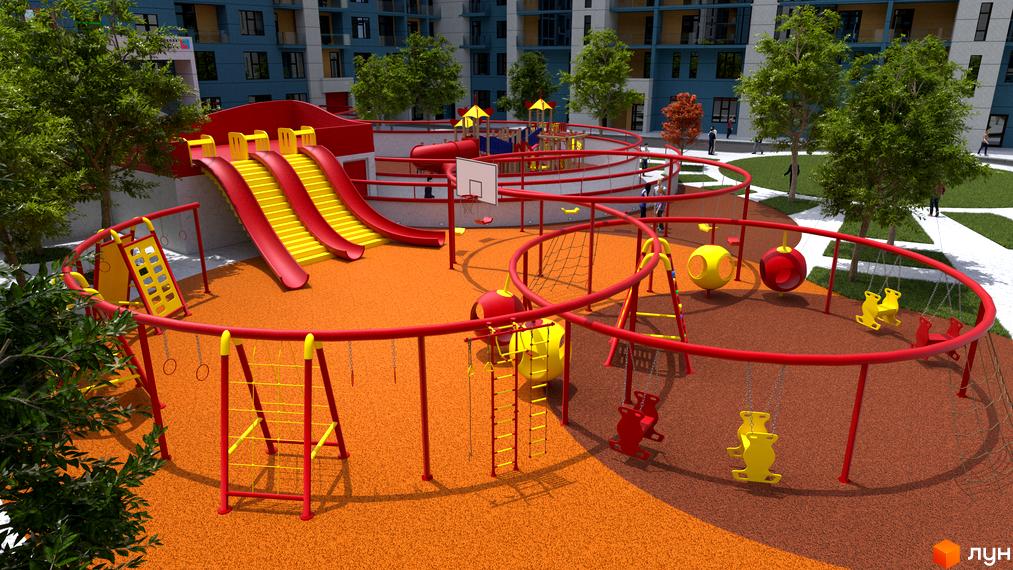 Житловий комплекс Національний з дитячим майданчиком. Яскравий фасад будинку з великими вікнами та озеленена прибудинкова територія.