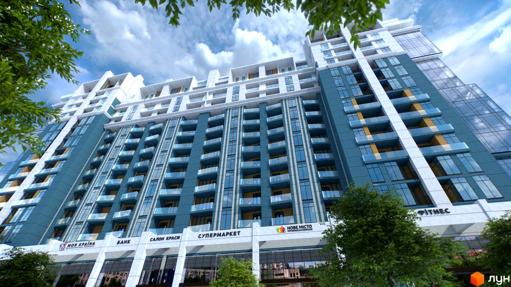 Висотна будівля Житловий комплекс Національний з великою кількістю балконів та скляними вікнами. На першому поверсі розташовані магазини та комерційні приміщення, навколо будівлі зелені дерева.