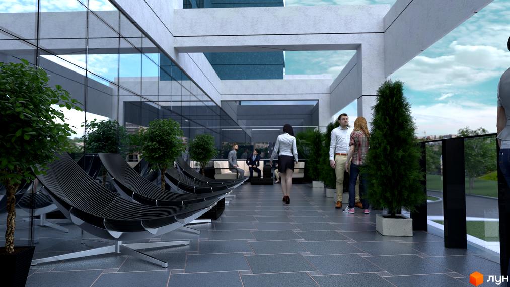 Житловий комплекс Національний з терасою та зоною відпочинку. На терасі розташовані лежаки та зелені насадження, а також вид на місто.