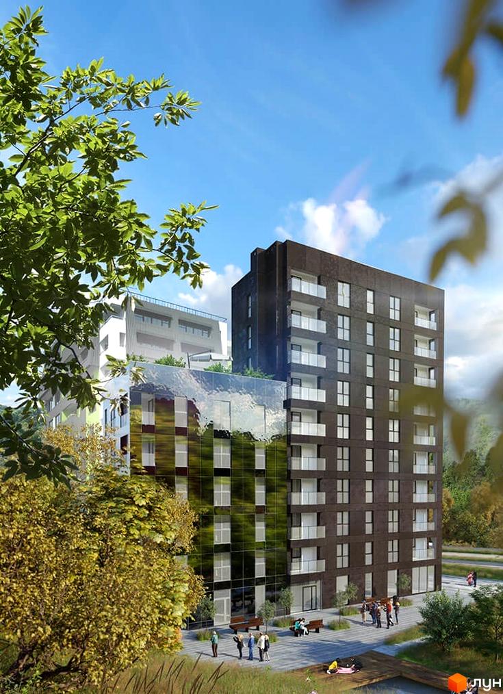 Житловий комплекс Silver Flow: багатоповерховий будинок з темним фасадом, скляними балконами та будівля з дзеркальним склом. Територія з деревами, лавками.