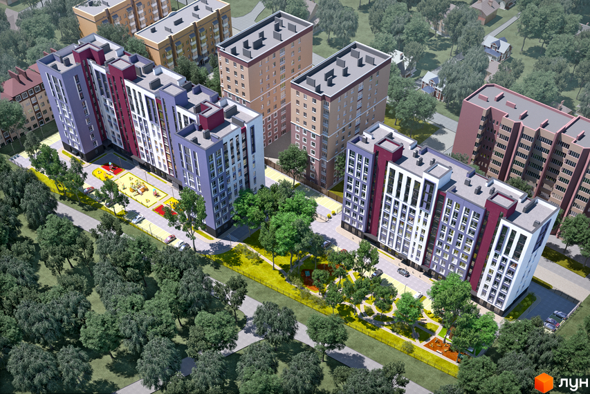 Житловий комплекс Нові Метри Park з різнокольоровими фасадами та дитячим майданчиком на прибудинковій території.