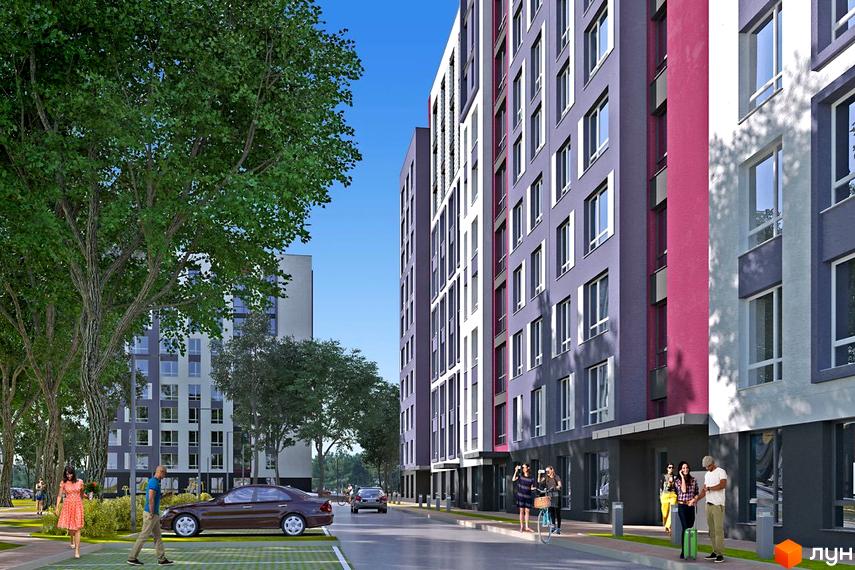 Новобудова ЖК Нові Метри Park з фасадами сірого та бордового кольорів, вікнами та прибудинковою територією з деревами та автомобілями.