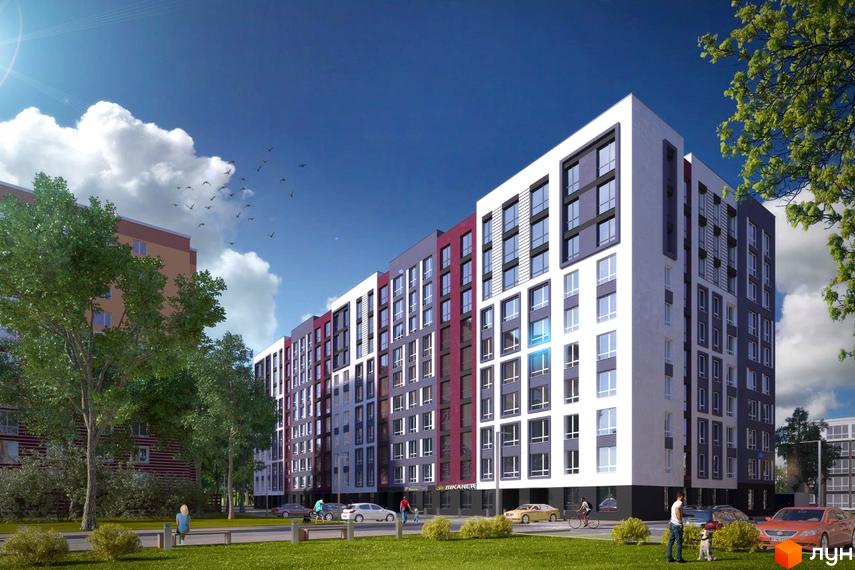 Зовнішній вигляд багатоповерхового будинку житлового комплексу Нові Метри Park з фасадом білого, сірого та бордового кольорів. На прибудинковій території розташовані дерева та місця для паркування.