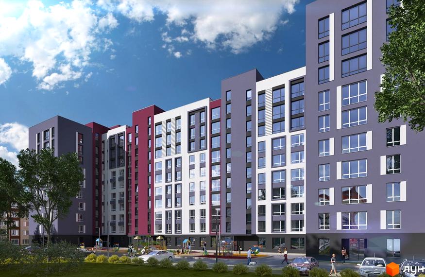 Зовнішній вигляд новобудови ЖК Нові Метри Park з фасадами сірого та бордового кольорів, вікнами з темними рамами та прибудинковою територією з дитячим майданчиком та автомобілями.