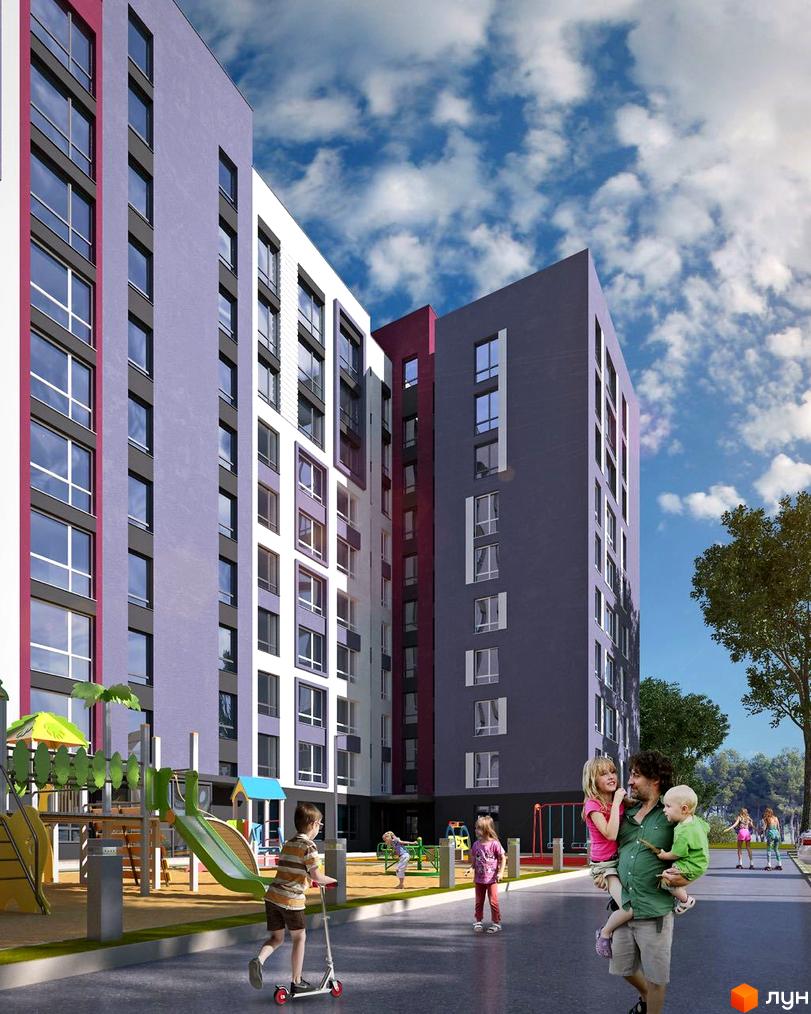 Житловий комплекс Нові Метри Park з яскравим фасадом та дитячим майданчиком. Сімейна атмосфера на фоні сучасної архітектури.