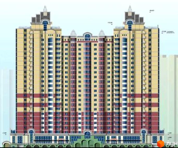 Зовнішній вигляд житлового комплексу на вул. Княжий Затон, 9 з яскравими фасадами та прибудинковою територією.