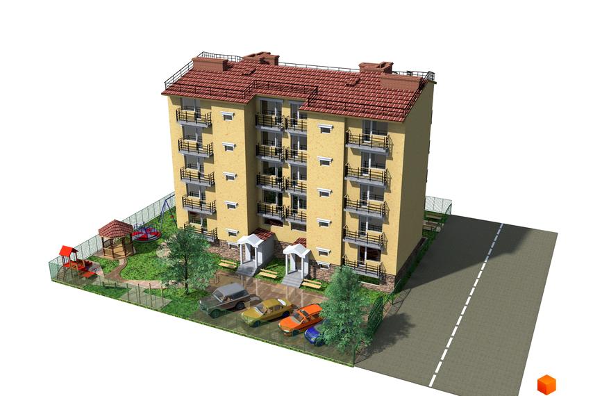 Клубний будинок „10-а лінія“ з жовтим фасадом, балконами та червоним дахом. На прибудинковій території розташовані дитячий майданчик, зелені насадження та парковка з автомобілями.