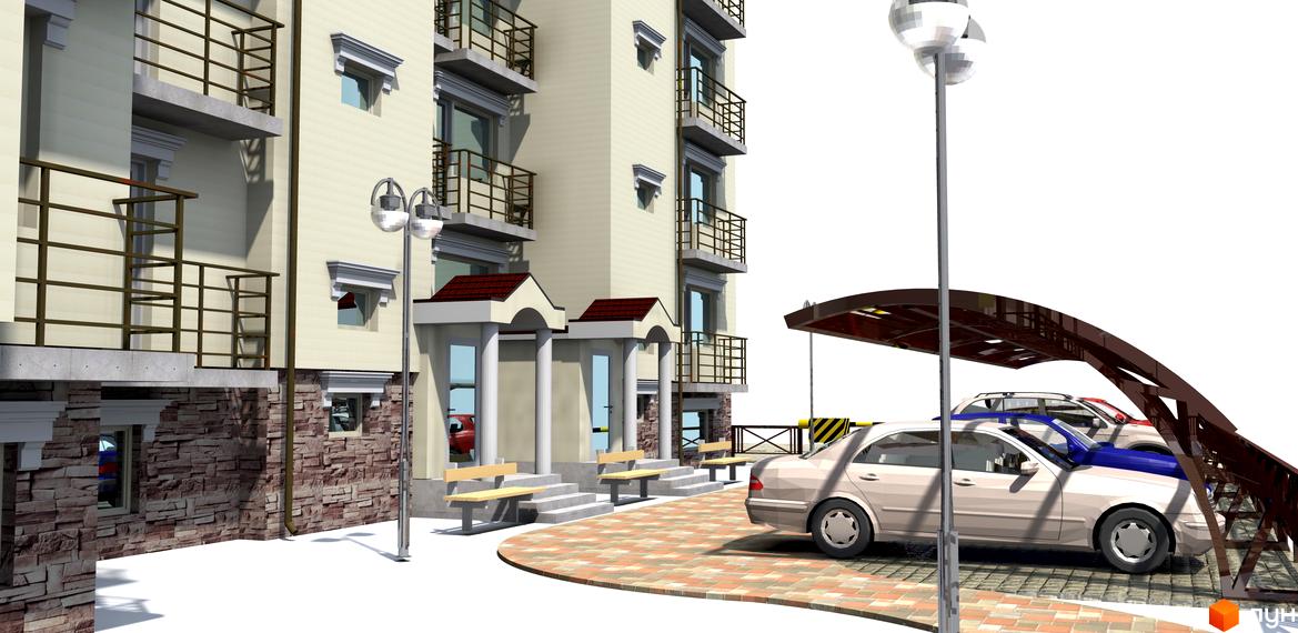 Клубний будинок „10-а лінія“ з балконами та кам'яним цоколем. Поруч розташований навіс для автомобілів та вуличне освітлення.