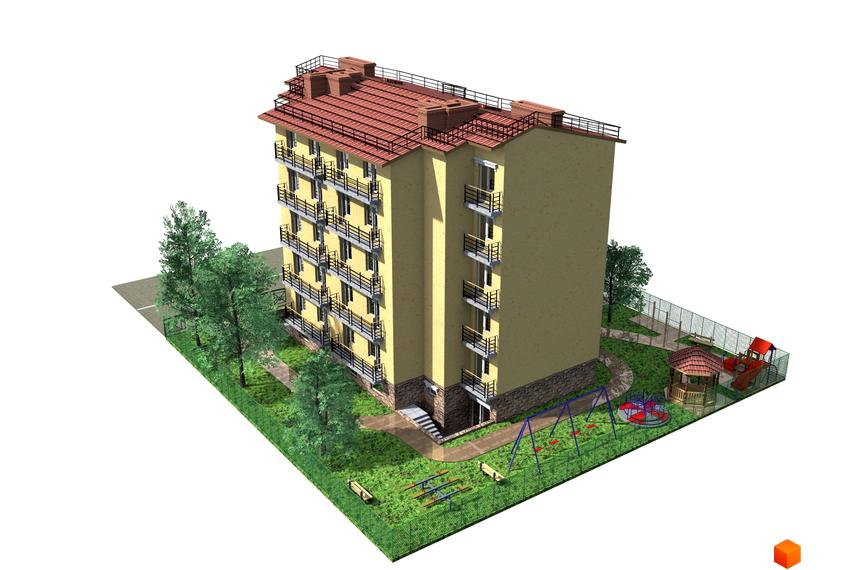 Клубний будинок „10-а лінія“ з жовтим фасадом, балконами та червоним дахом. На прибудинковій території є дитячий майданчик з гіркою та гойдалками, зелені насадження та лавки.