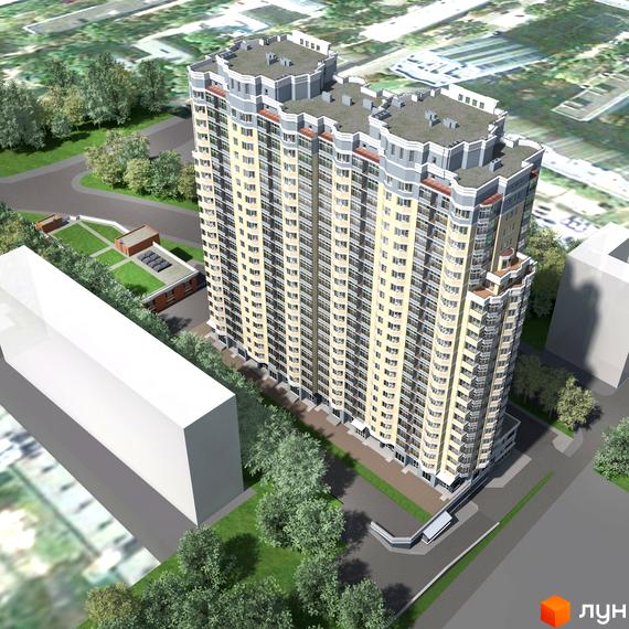 Житловий комплекс вул. Миколи Голего, 7в, з висотним будинком та прибудинковою територією з зеленими насадженнями.