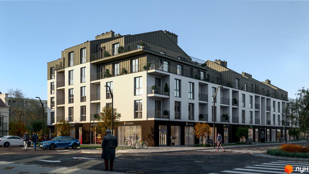 Житловий комплекс Globus Elite - це сучасна новобудова з балконами та терасами. Навколо комплексу розташовані дерева та вулиці з автомобілями.