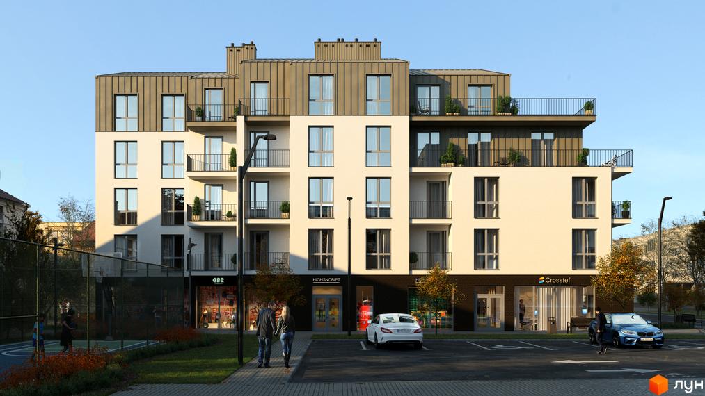 Зовнішній вигляд будинку ЖК Globus Elite з балконами та великими вікнами. Прибудинкова територія з парковкою та спортивним майданчиком.
