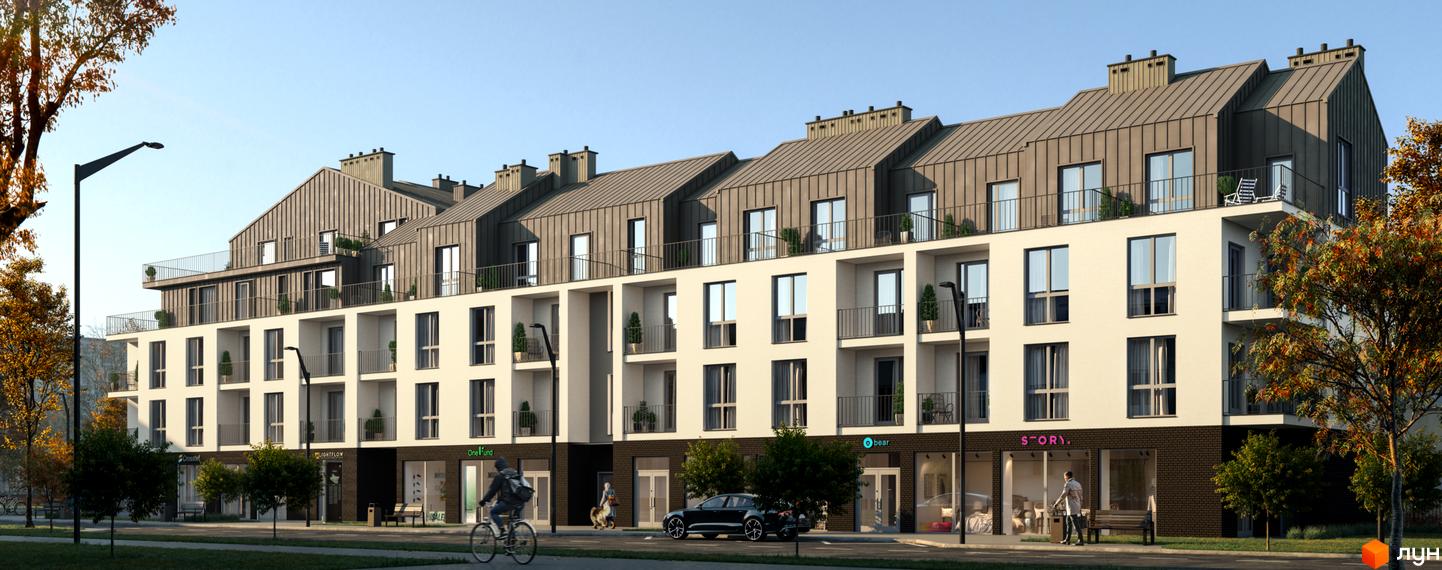 Житловий комплекс Globus Elite з фасадом світлого кольору та сірими дахами. На першому поверсі розташовані комерційні приміщення. Навколо комплексу зелені насадження та дерева.