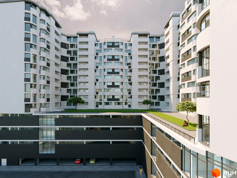 Житловий комплекс Президент Хол - фасади будівель з панорамними вікнами та зелена прибудинкова територія з місцями для відпочинку.