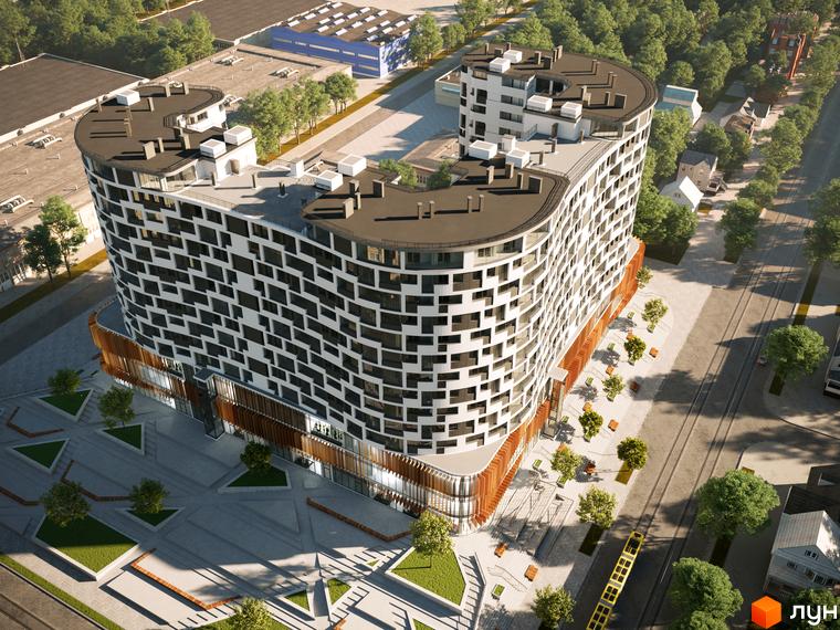 Житловий комплекс Президент Хол з вигнутим фасадом та біло-чорними вікнами, оточений зеленими деревами та міською інфраструктурою.