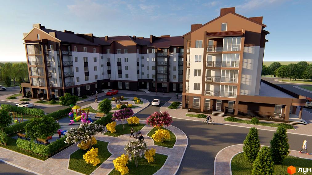 Житловий комплекс Рать - це багатоповерхова новобудова з коричнево-білим фасадом та балконами. Прибудинкова територія облаштована дитячим майданчиком та зеленими зонами.