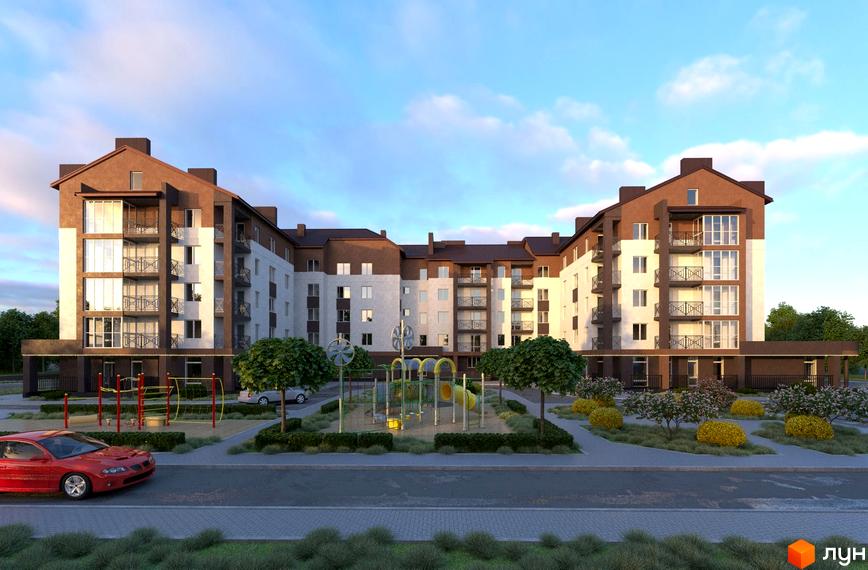 Житловий комплекс Рать - це багатоповерховий будинок з балконами та великими вікнами, розташований біля дитячого майданчика та зеленої зони.