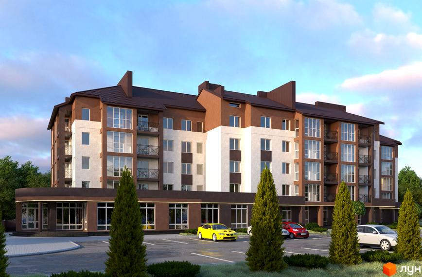 Зовнішній вигляд житлового комплексу Рать з фасадами білого та коричневого кольору та парковкою з автомобілями.