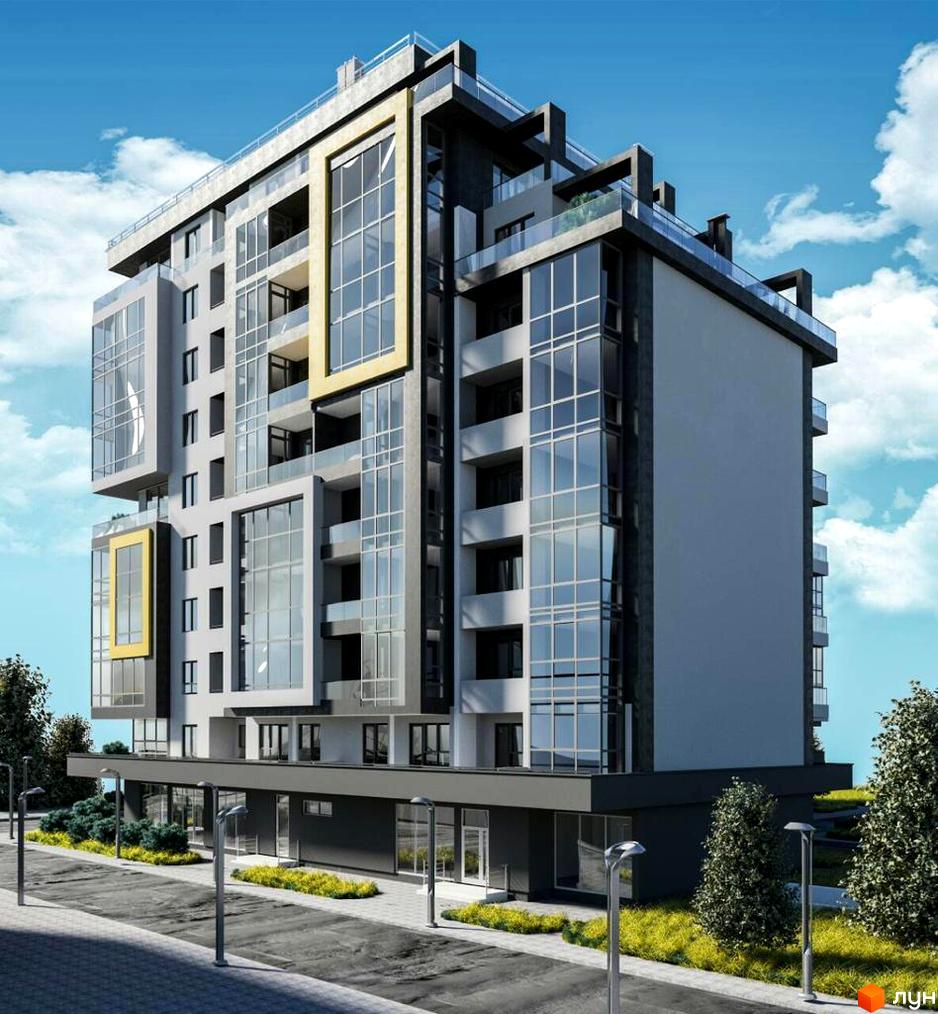 Житловий комплекс Sadova Resident: багатоповерховий будинок з сірим фасадом, панорамними вікнами та жовтими елементами. Прибудинкова територія з озелененням.