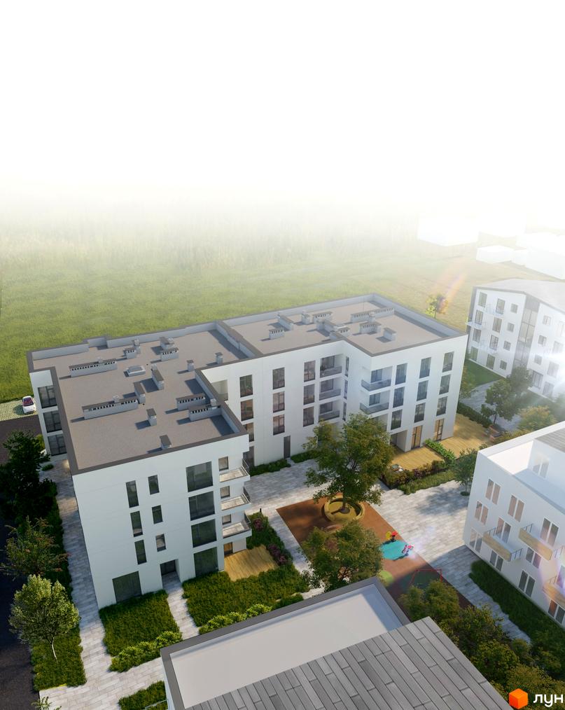 Новобудова ЖК Святий Миколай з білими фасадами, балконами та прибудинковою територією з деревами та дитячим майданчиком.