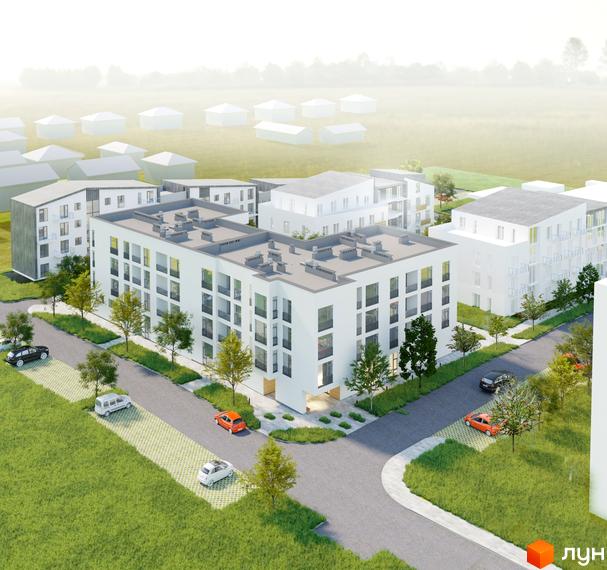 Візуалізація житлового комплексу Святий Миколай з білими фасадами та балконами, прибудинковою територією з деревами та автомобілями.