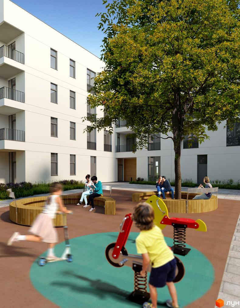 Зовнішній вигляд житлового комплексу Святий Миколай з дитячим майданчиком та зоною відпочинку. Навколо будинку зелена територія та дерева.