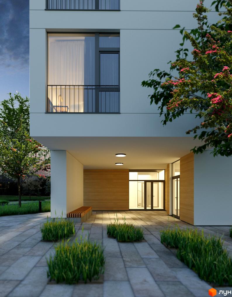 Зовнішній вигляд будинку ЖК Святий Миколай з балконами та вікнами, прибудинкова територія з лавочкою та зеленими насадженнями.