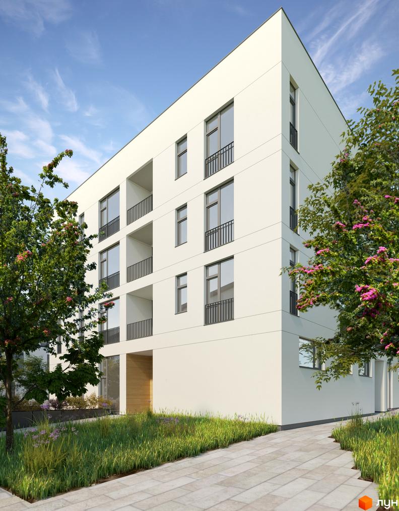 Житловий комплекс Святий Миколай: біла фасадна новобудова з балконами та великими вікнами, зелена прибудинкова територія з травою та деревами.