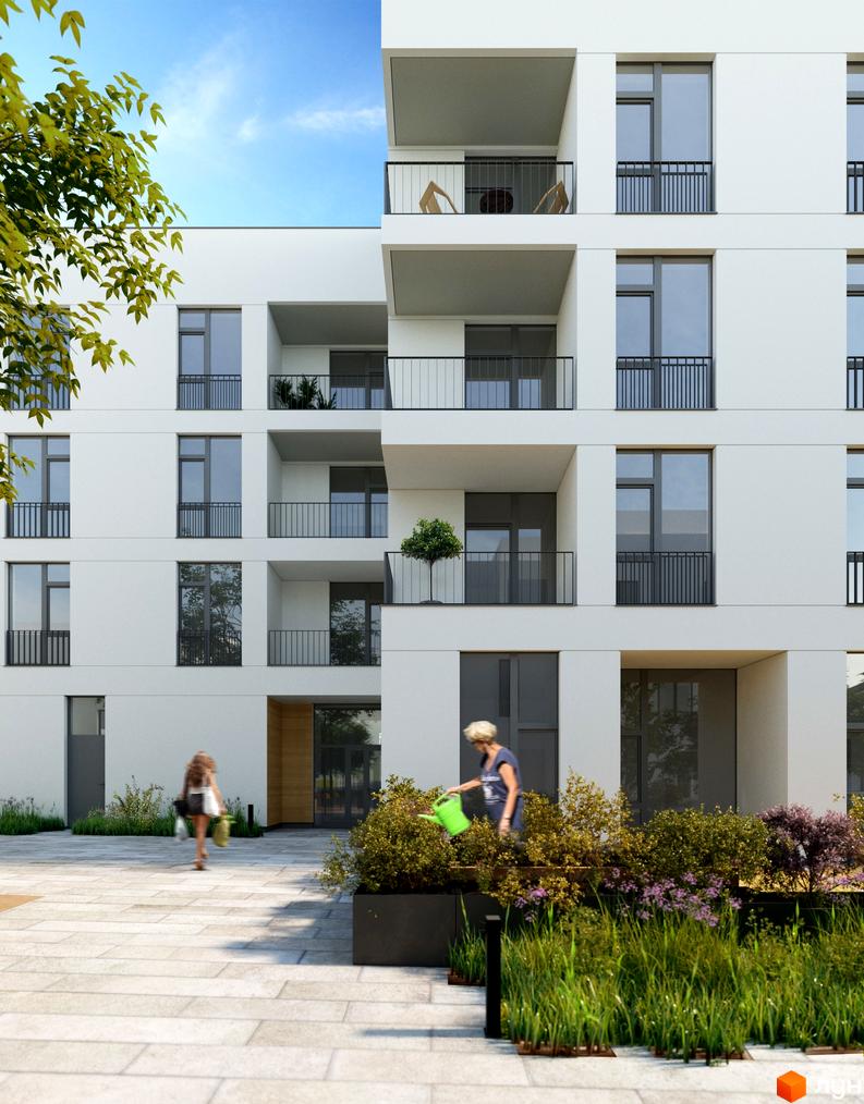 Зовнішній вигляд новобудови ЖК Святий Миколай з балконами та великими вікнами. На прибудинковій території доглянуті зелені насадження та бруківка.