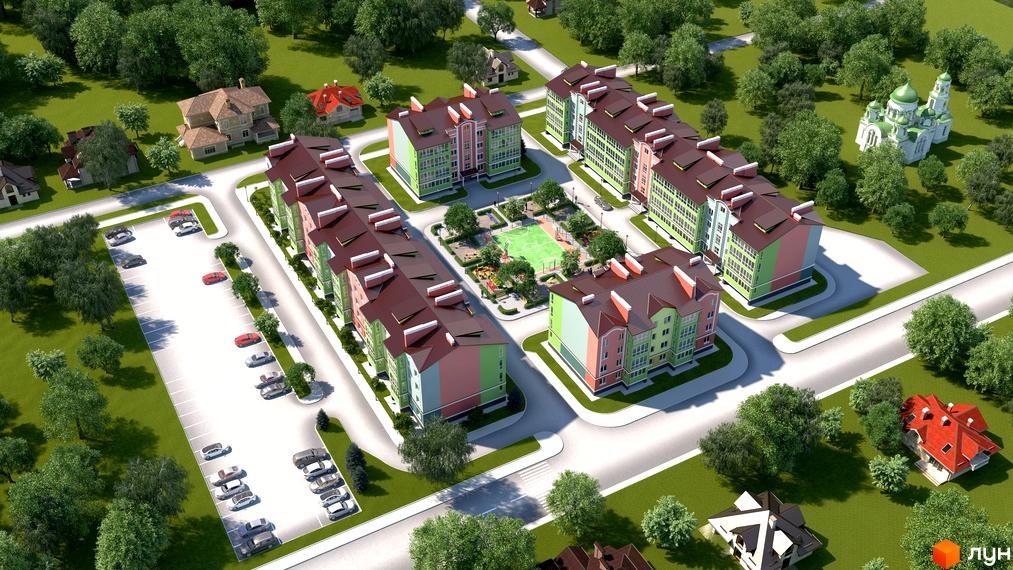 Житловий комплекс Ріо складається з багатоповерхових будинків з кольоровими фасадами та червоними дахами. На території є великий паркінг, зелені зони, дитячий майданчик та спортивне поле.