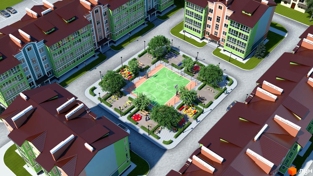 Житловий комплекс Ріо: багатоповерхові будинки з зеленими та персиковими фасадами, коричневими дахами. У дворі спортивний майданчик та зони відпочинку.