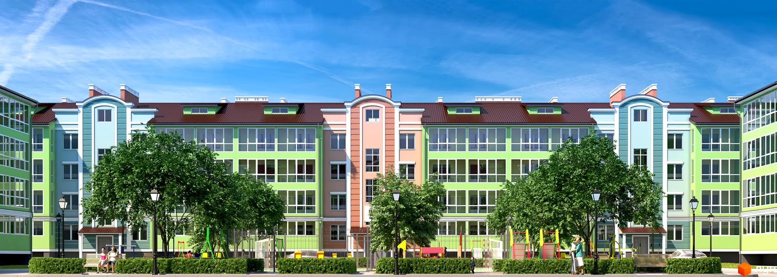 Житловий комплекс Ріо: багатоповерховий будинок з кольоровим фасадом та коричневим дахом. Прибудинкова територія з деревами, кущами та дитячими майданчиками.