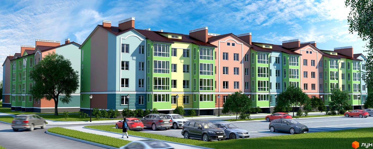 Житловий комплекс Ріо: будинки з кольоровими фасадами, великими вікнами та коричневими дахами. Прибудинкова територія має парковку, дерева та освітлення.