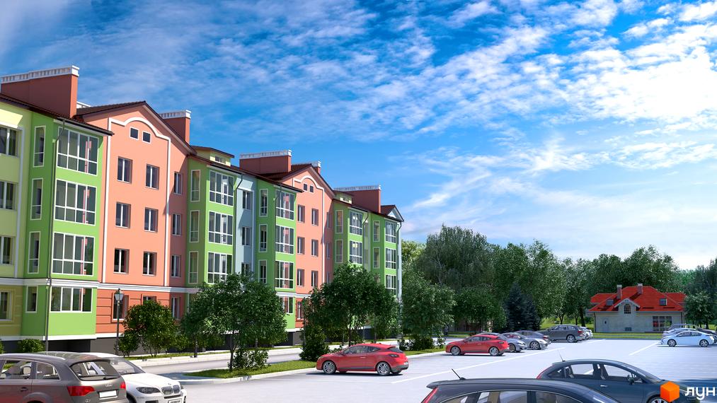 Житловий комплекс Ріо з різнокольоровими фасадами та великими вікнами. Перед будинками розташований паркінг та зелені насадження.