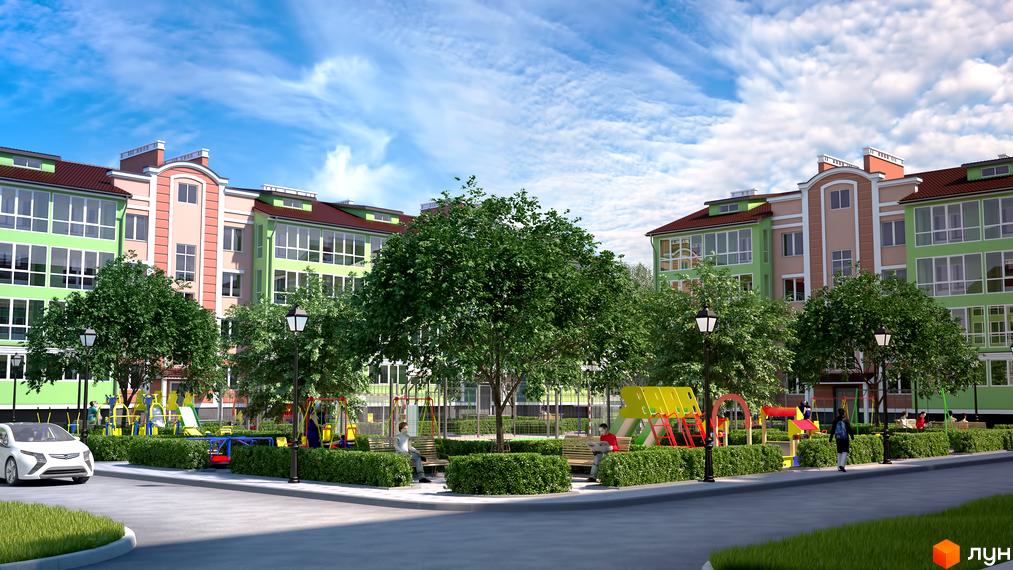 Житловий комплекс Ріо з багатоповерховими будинками світло-зеленого та рожевого кольорів. На території є дитячий майданчик, зелені насадження та лавочки.