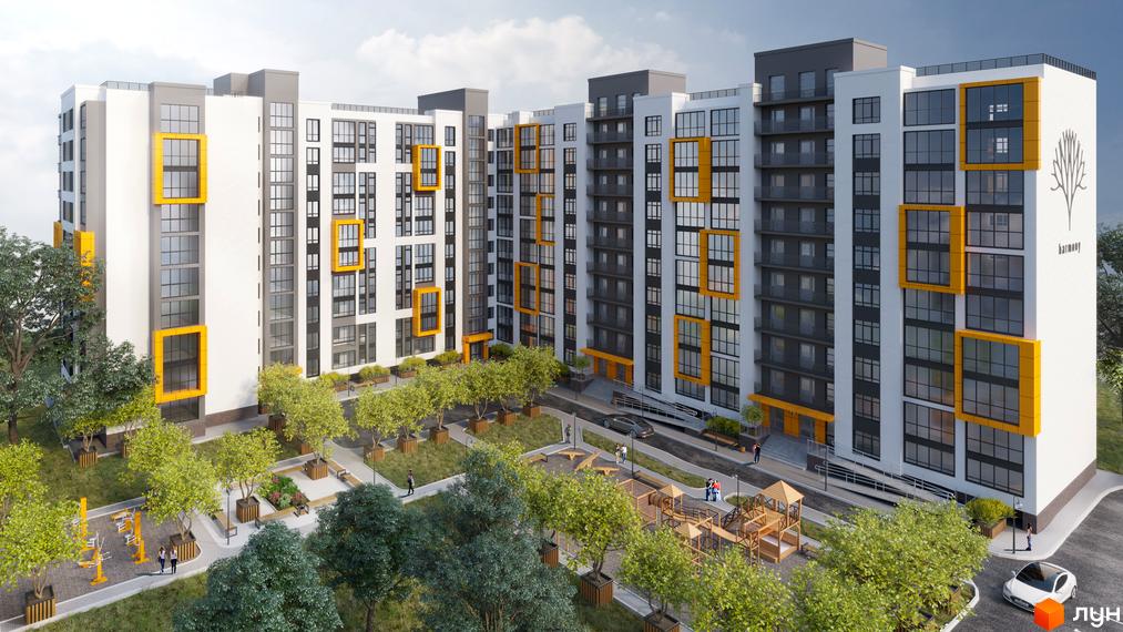 Зовнішній вигляд новобудови ЖК Гармонія-3 з яскравими жовтими елементами та прибудинковою територією з дитячим майданчиком та зонами відпочинку.