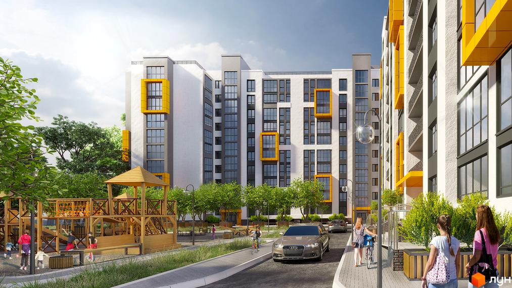 Житловий комплекс Гармонія-3 з яскравими жовтими акцентами та дитячим майданчиком. Сучасна архітектура та зелена прибудинкова територія.