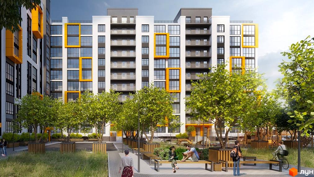 Житловий комплекс Гармонія-3: фасади будівель з жовтими акцентами та зелена прибудинкова територія з зонами відпочинку.