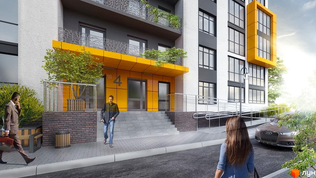 Житловий комплекс Гармонія-3: фасади будівель з жовтими елементами та скляними балконами, упорядкована прибудинкова територія з деревами та місцями для відпочинку.